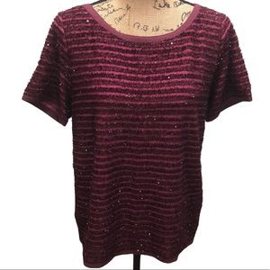 {Loft} Burgundy Fuzzy Sequin Striped Top